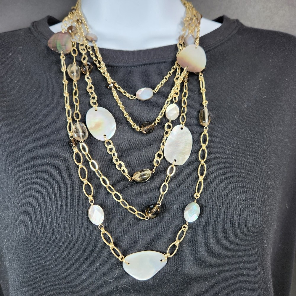 Multi Layer Chain & Mother of Pearl Necklace Toggle 925 Clasp 26 in. Gold Tone